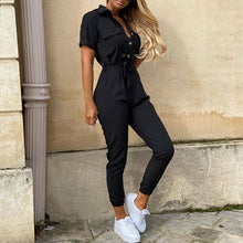 Load image into Gallery viewer, 2020 Women Summer Deep V Neck Short Sleeve Button Shirt Overalls Solid Jumpsuit Office Lady One Piece Romper Belt
