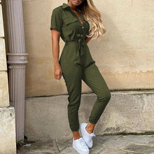 Load image into Gallery viewer, 2020 Women Summer Deep V Neck Short Sleeve Button Shirt Overalls Solid Jumpsuit Office Lady One Piece Romper Belt

