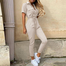 Load image into Gallery viewer, 2020 Women Summer Deep V Neck Short Sleeve Button Shirt Overalls Solid Jumpsuit Office Lady One Piece Romper Belt
